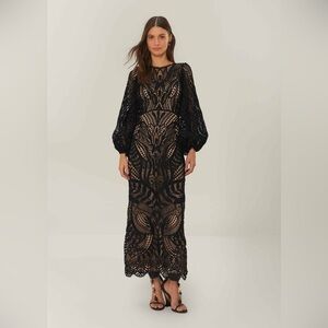 Farm Rio Black Nature Guipure Midi Dress